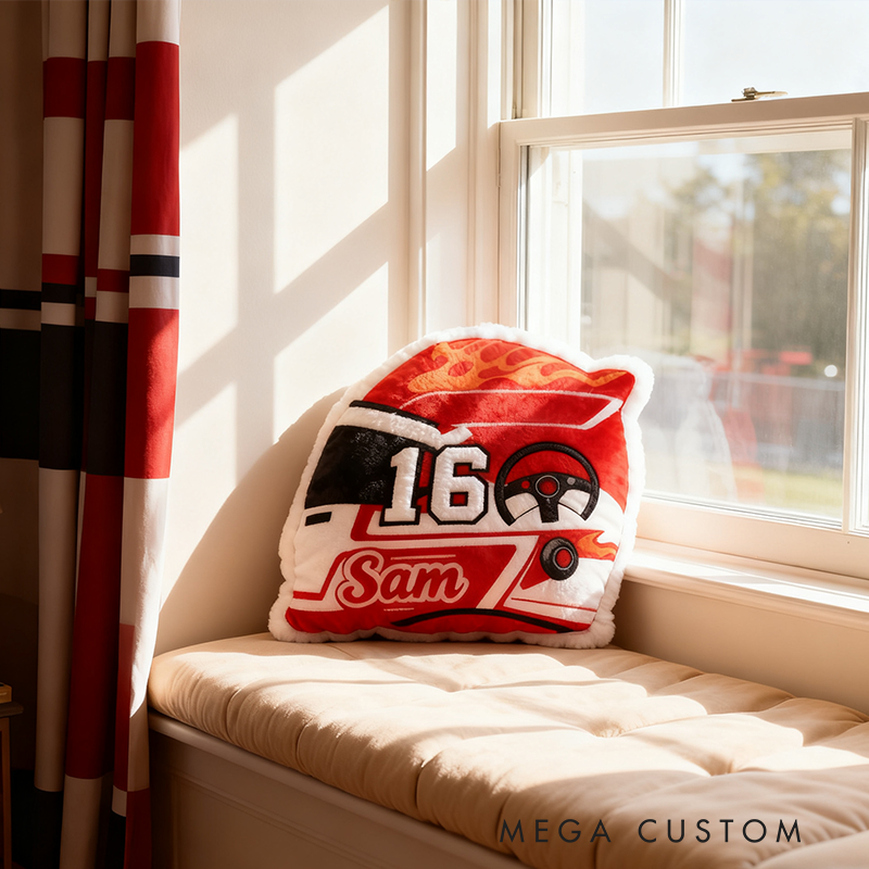 Personalized Racing Helmet Shaped Pillow Custom Name Race Car Design Cushion Gift for Motorsports and Racing Lovers
