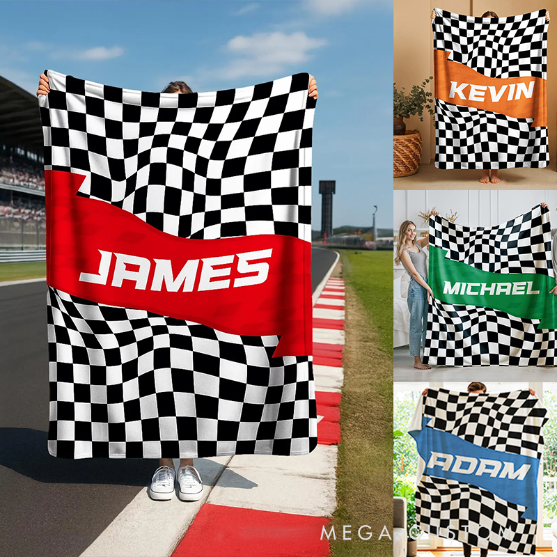 Personalized checkered Flag Blanket Custom Name Blanket Gift for Racer and Racing Lovers
