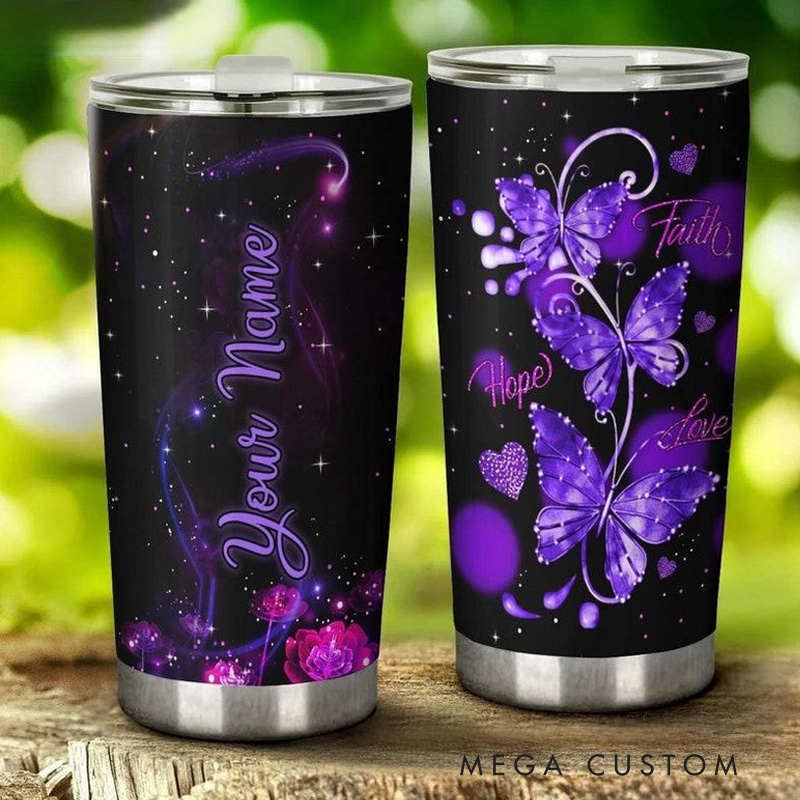 Personalized Purple Fairy Beautiful Butterfly Faith Hope 20oz Stainless Steel Tumbler with Name Christmas Gift