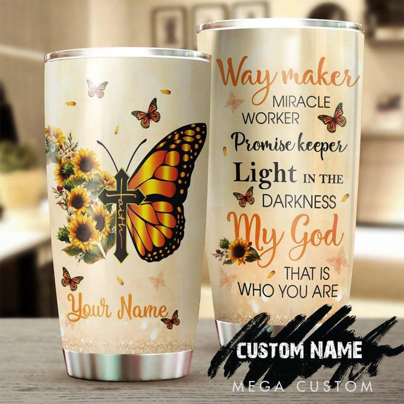 Personalized Sunflower Faith Cross My God Way Maker 20oz Stainless Steel Tumbler with Name Christmas Gift