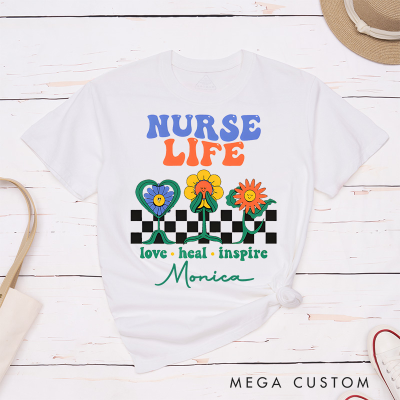 Personalized Nurse T-Shirts Nurse Life Love Heal Inspire Fashion Design T-Shirts