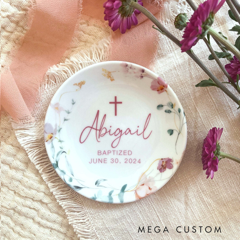 Personalized Floral Cross Ring Dish Jewelry Tray with Name and Text Christening Baptism Gift for Girls