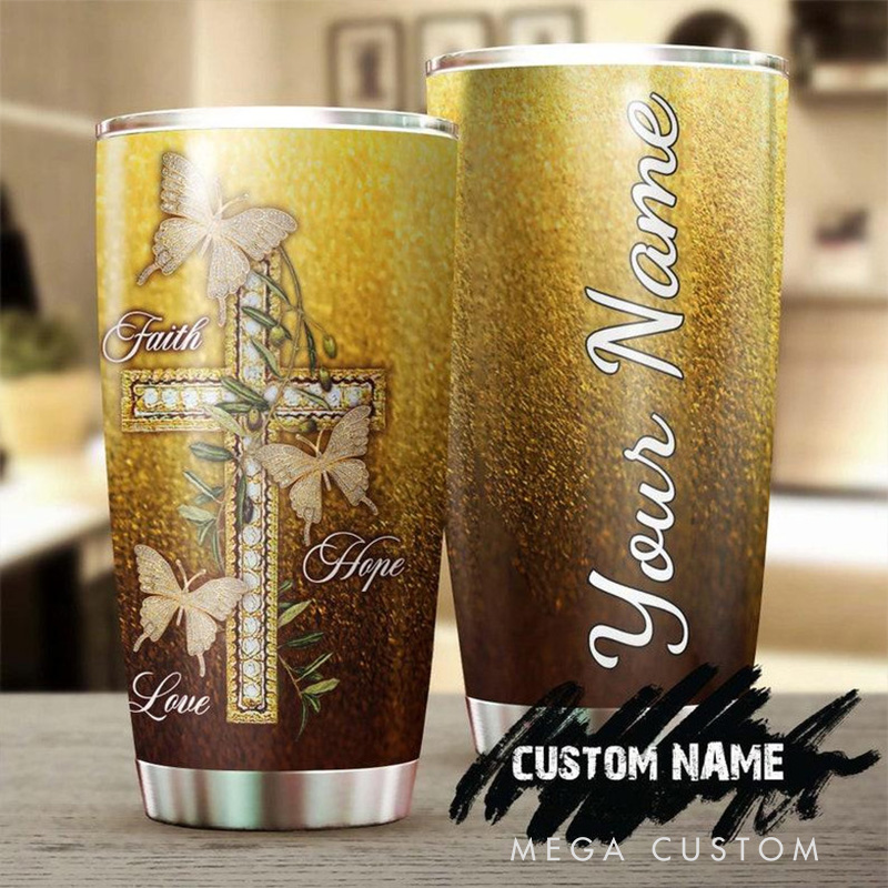 Personalized Faith Butterfly Faith Hope Love Gold Glitter 20oz Stainless Steel Tumbler with Name Religious Gift for Women