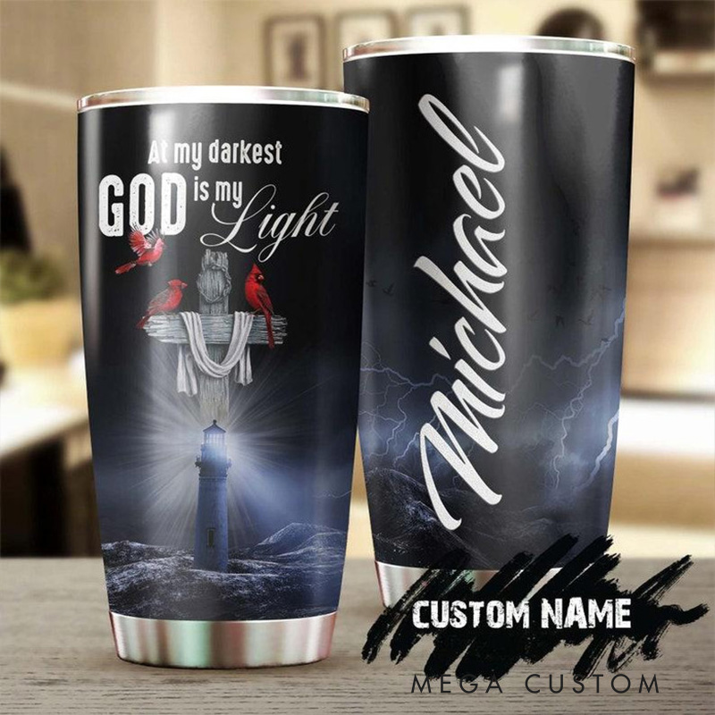 Personalized God is My Light 20oz Stainless Steel Tumbler with Name Religious Gift for Men 