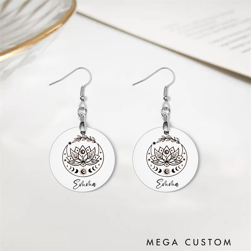 Personalized Mandala Earrings with Lotus and Moon Design Custom Name Jewelry Gift Acrylic Earrings for Yoga Lover