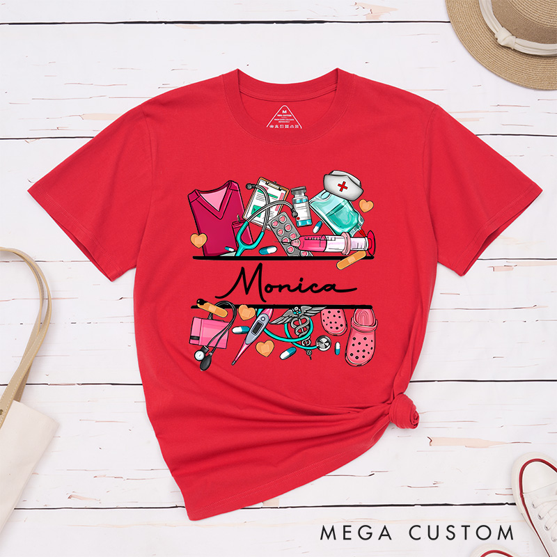 Personalized Nurse T-Shirts Nurse's Essentials Tools of Care Fashion Design T-Shirts