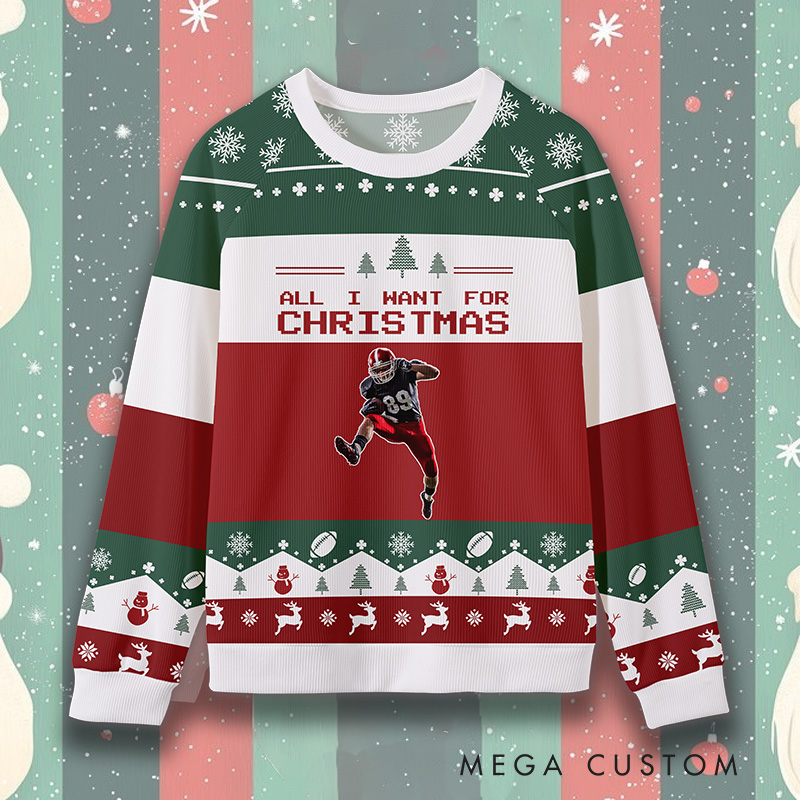 Personalized American Football Holiday Ugly Sweatershirt with Custom Photo and Festive Design