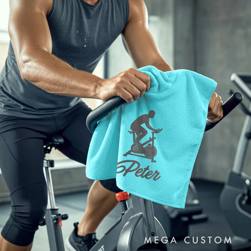 Personalized Gym Hand Towel with Indoor Cycling Graphic Print and Custom Name Perfect for Fitness Enthusiasts Bodybuilders and Gym Lovers