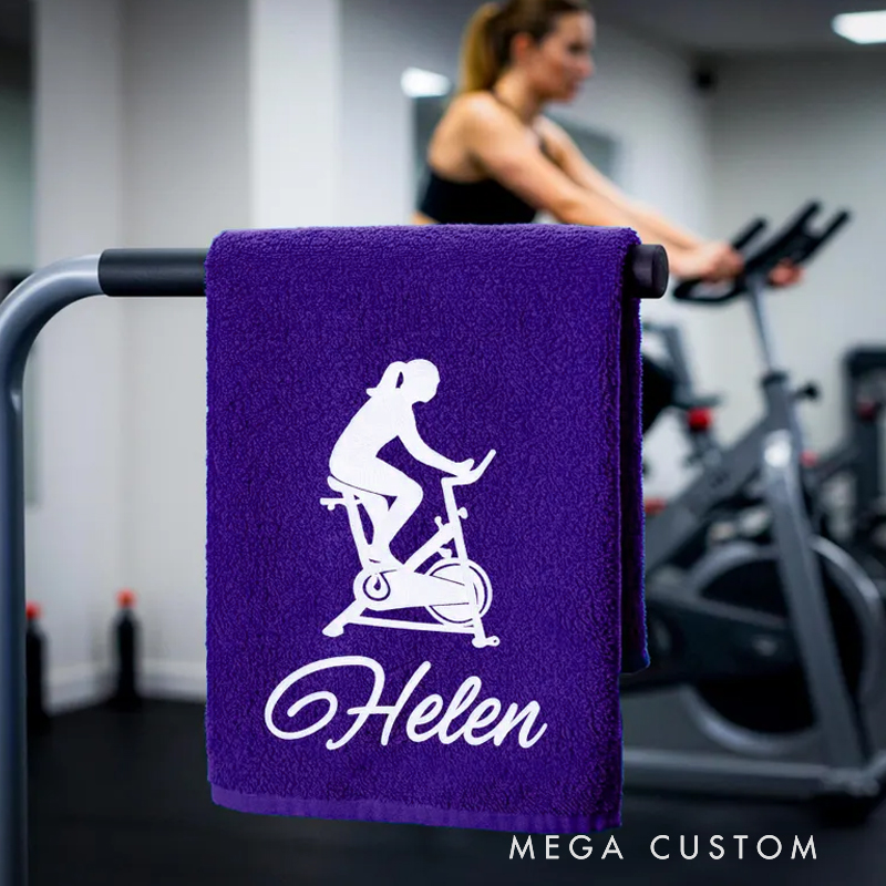 Personalized Gym Hand Towel with Female Indoor Cycling Graphic Print and Custom Name Perfect for Fitness Enthusiasts Bodybuilders and Gym Lovers