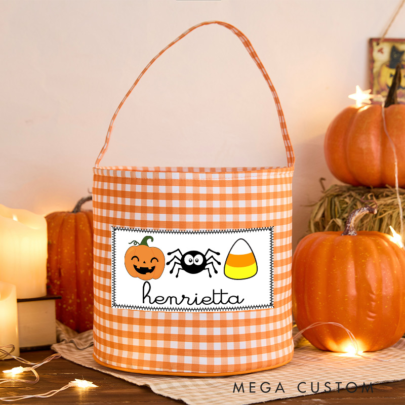 Personalized Halloween Treat Basket Pumpkin  Spider and Candy Corn Design Basket Halloween Gift