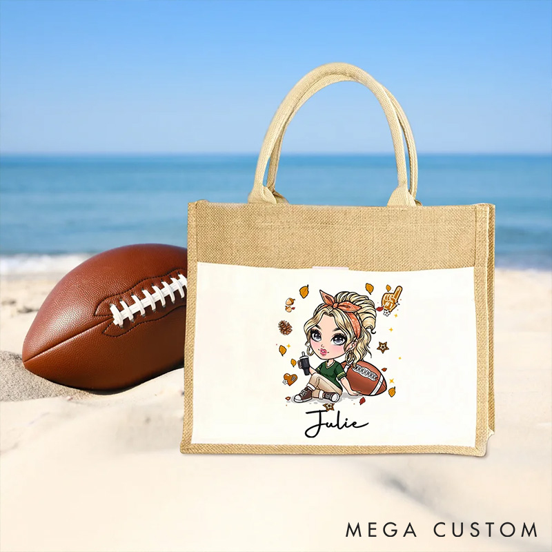 Personalized American Football Cartoon Girl Large Jute Tote Bag with Custom Name Travel Essentials Birthday Gift for Women