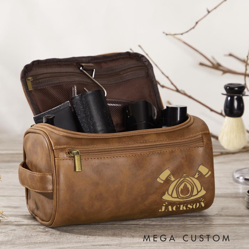 Personalized PU Leather Firefighter Toiletry Bag with Helmet and Axes Design Gift for Firefighter