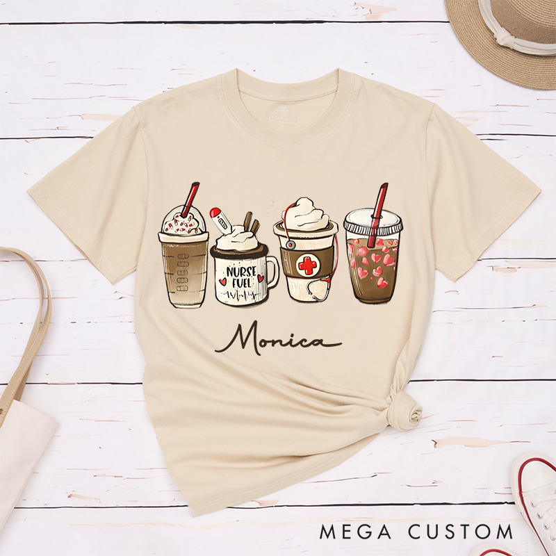 Personalized Nurse T-Shirts Nurse Fuel Coffee and Care T-Shirts