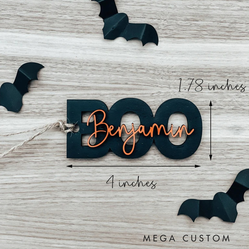 Personalized BOO Halloween Name Tag Wooden Trick or Treat Bag Tag Halloween Decor