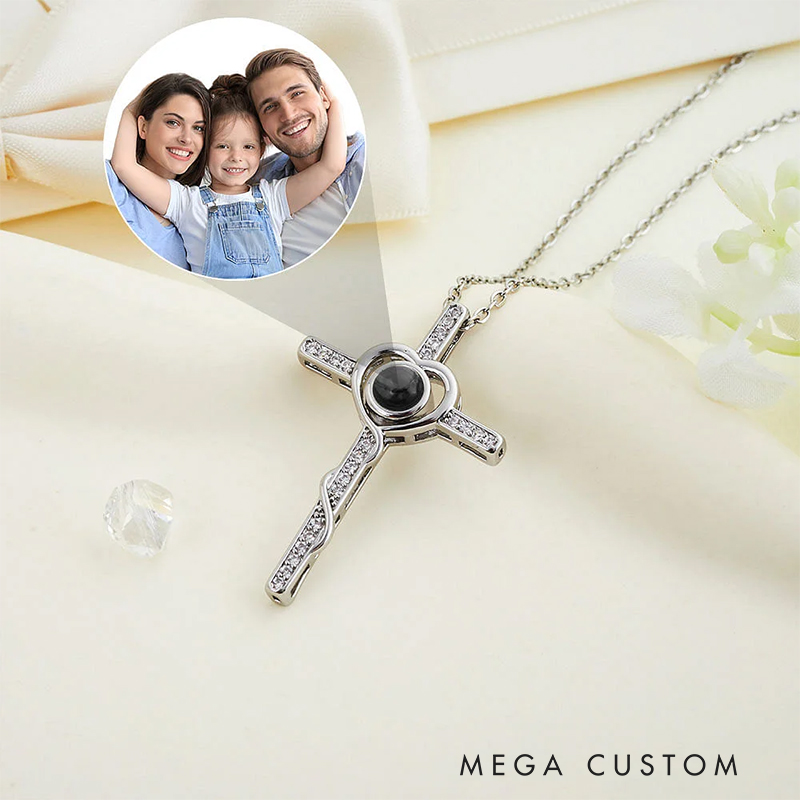 Personalized Photo Projection Cross Heart Necklace I Love You in 100 Languages Anniversary Birthday Gift for Women