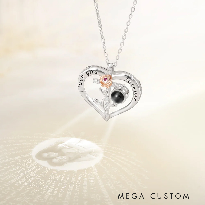 Personalized Rose Cross Heart-shaped Micro-Carved Photo Projection Necklace Birthday Anniversary Gift for Woman