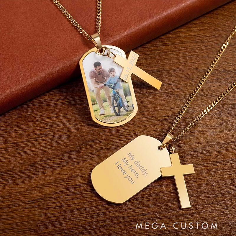 Personalized Photo Cross Dog Tag Necklace with Engraved Text Father's Day Gift Anniversary Gift Birthday Gift for Men Christian Gift