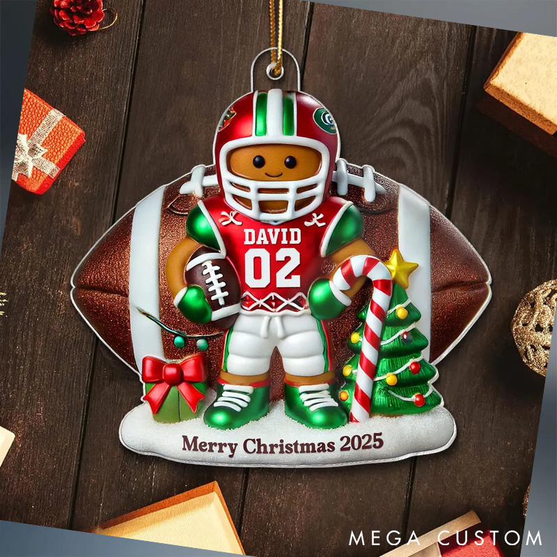 Personalized American Football Gingerbread Figure Acrylic Ornament with Custom Player Name and Number for Football Player 