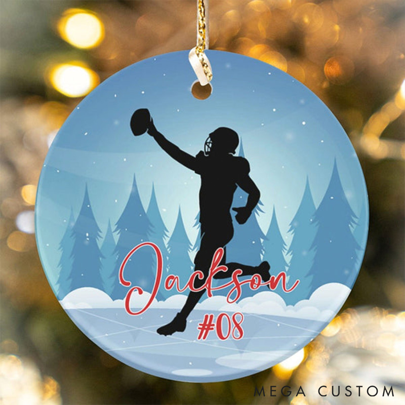 Personalized American Football Ceramic Ornament with Player Silhouette and Custom Name and Number