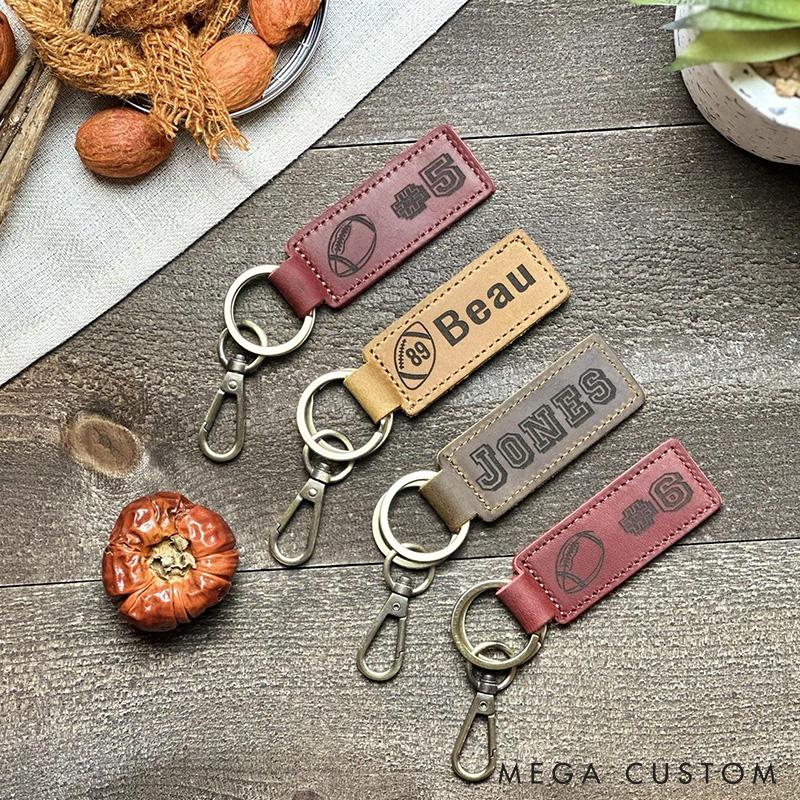 Personalized American Football Leather Keychain with Custom Text