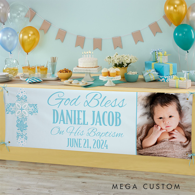 Personalized God Bless Baptism Celebration Photo Banner with Name and Photo Party Decor Religious Gift Baptism Gift for Boys and Girls
