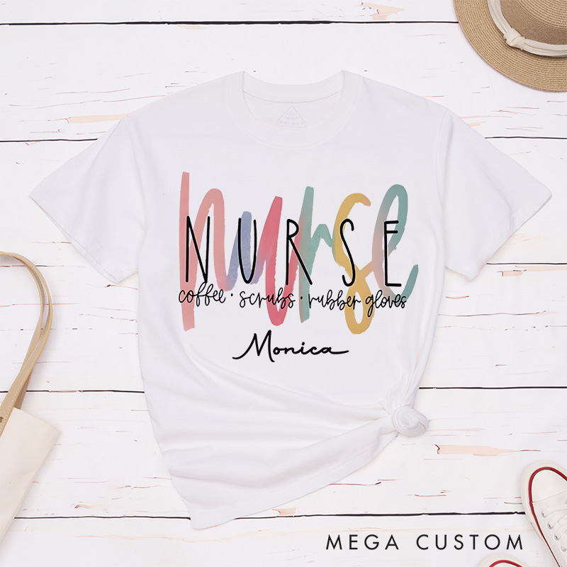 Personalized Nurse T-Shirts Nurse Essentials Coffee Scrubs Rubber Gloves Fashion Design T-Shirts