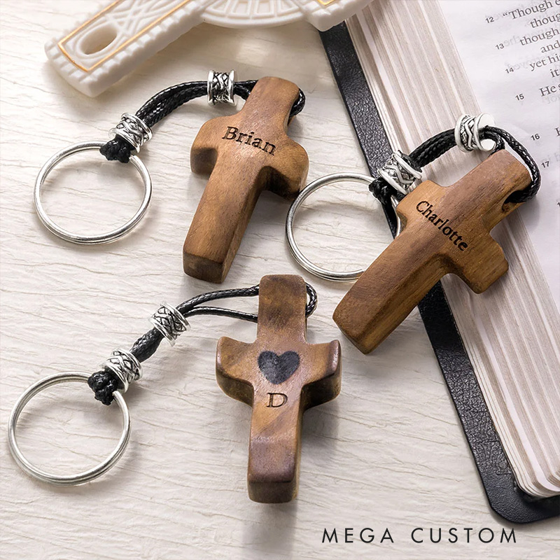 Personalized Wooden Cross Heart Keychain with Initial and Name Engraving Religious Gift Birthday Gift for Christians