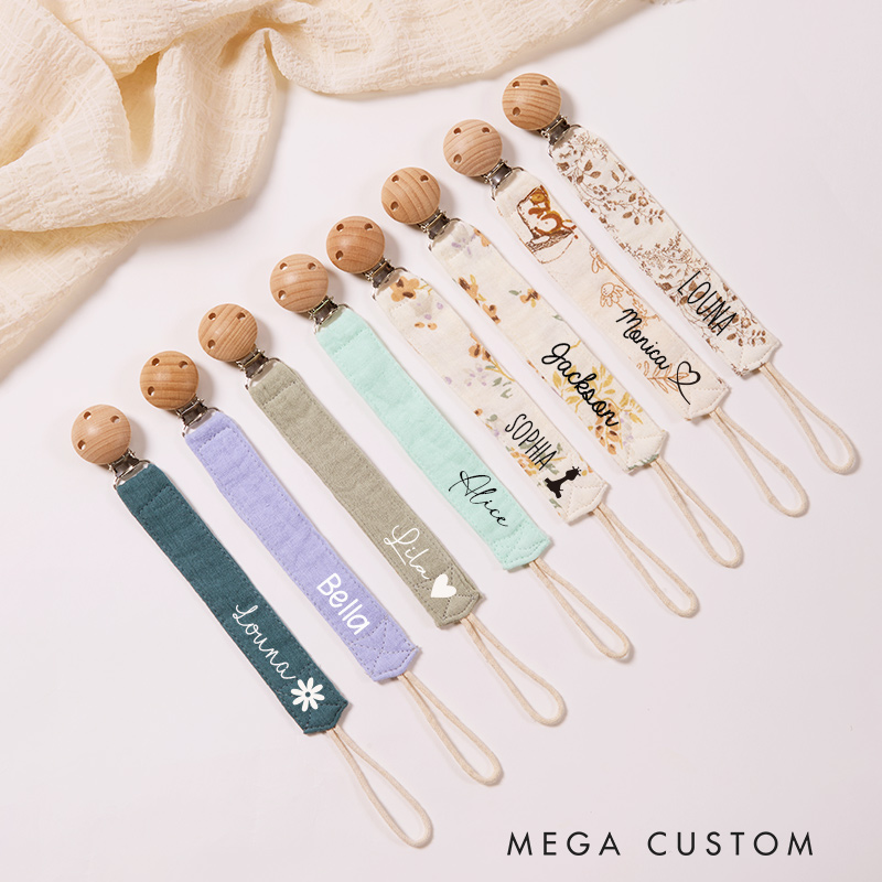 Personalized Double Gauze Pacifier Clips with Wooden Beads Baby Gift Idea