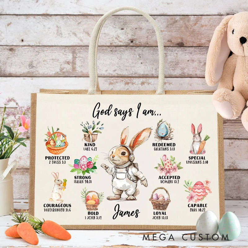 Personalized God Said I Am Cute Dream Job Bunny Bible Jute Tote Bag with Name and Canvas Pocket Easter Birthday Christian Gift for Kids