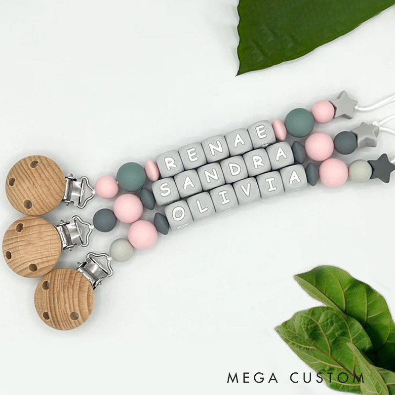 Personalized Baby Name Bead Soother Holders Pacifiers and Clips Baby Gifts
