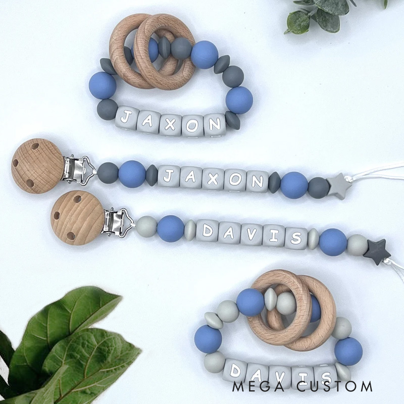 Personalized Baby Name Bead Soother Holders Pacifiers and Clips Gift for New Baby