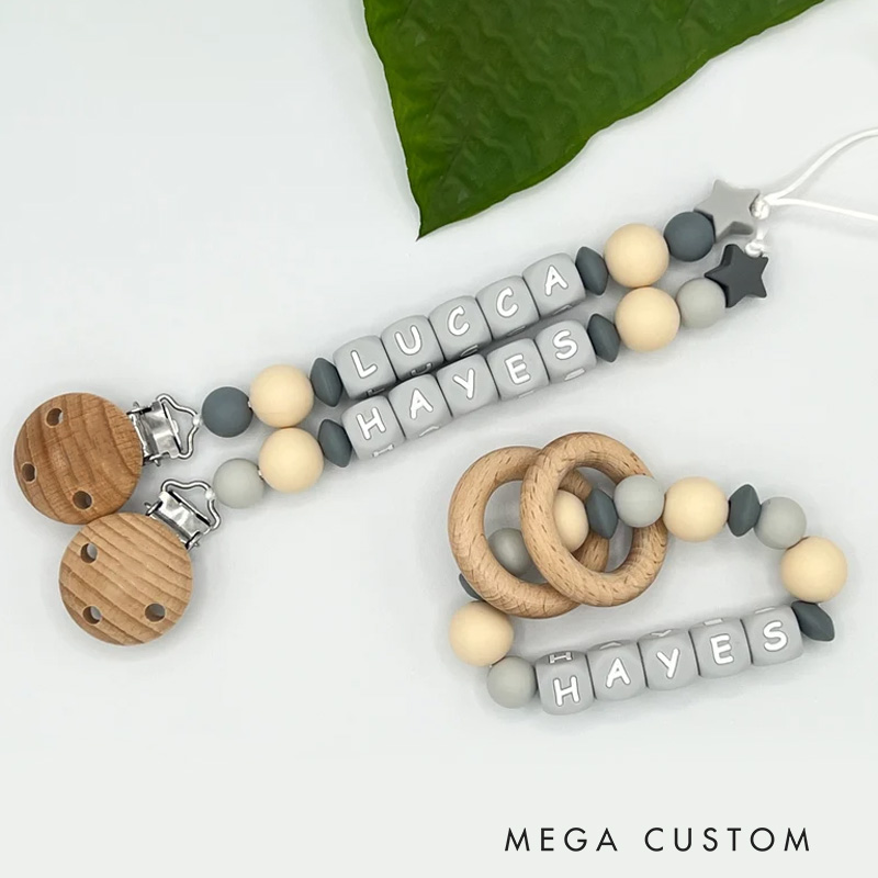 Personalized Baby Name Bead Soother Holders Pacifiers and Clips Gift for New Baby
