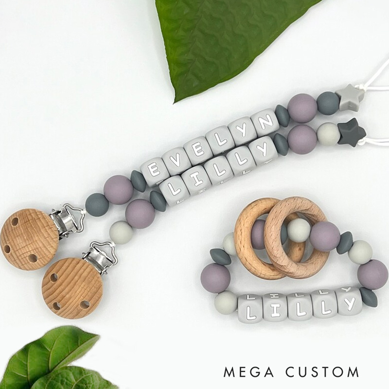 Personalized Baby Name Bead Soother Holders Pacifiers and Clips Baby Gift