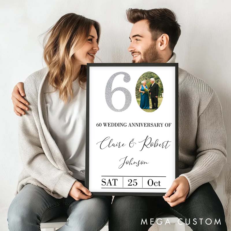 Personalized 60 Years Anniversary Canvas Painting Diamond Anniversary Canvas with Photo Husband Wife Anniversary Painting Gift