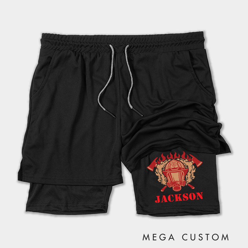 Personalized Firefighter 2 in 1 Hybrid Sport Shorts with Flame and Helmet Design Gift for Firefighter