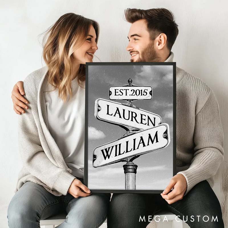 Personalized Anniversary Crossroads of Love Canvas Painting Idea Street Sign Couple Canvas Painting Gift for Husband Wife Couple Anniversary Painting