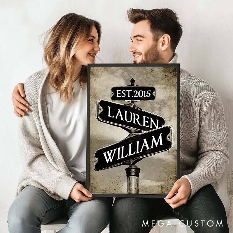 Personalized Anniversary Crossroads of Love Canvas Painting Vintage  Nostalgic Crossing Sign Couple Canvas Painting Gift for Couple