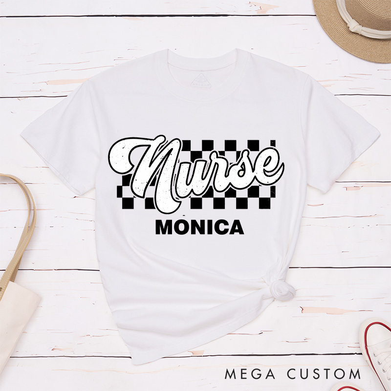 Personalized Nurse T-Shirts Checkered Care Nurse in Style Fashion Design T-Shirts