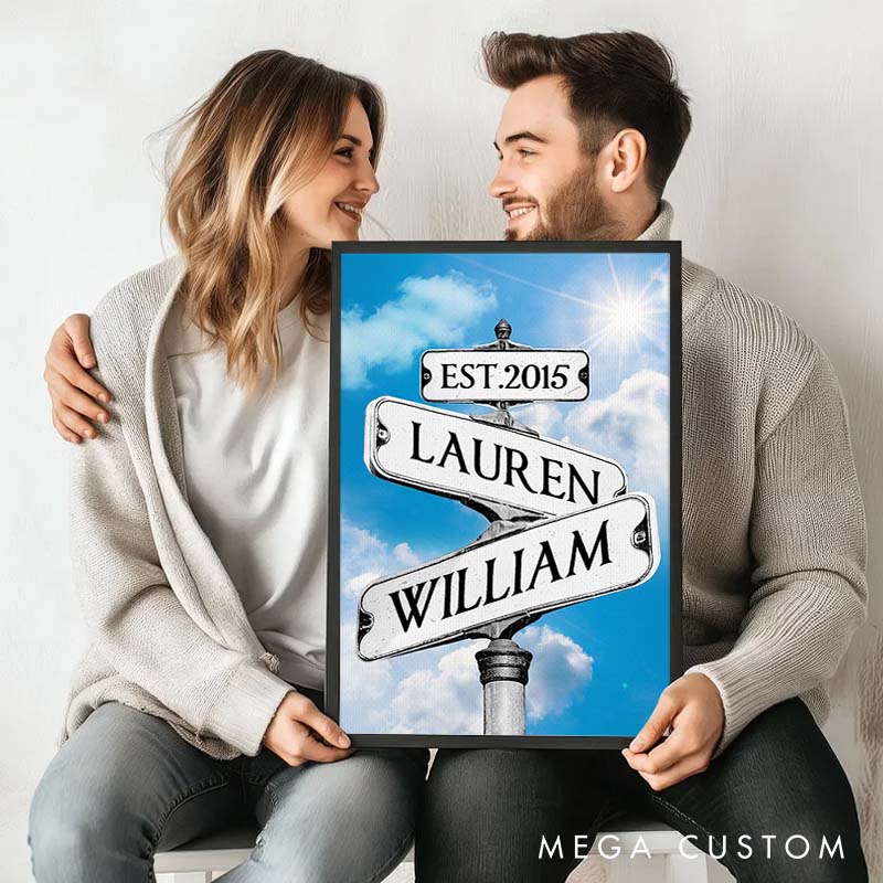 Personalized Anniversary Crossroads of Love Canvas Painting Blue Sky Crossing Street Sign Couple Canvas Painting Gift for Couple