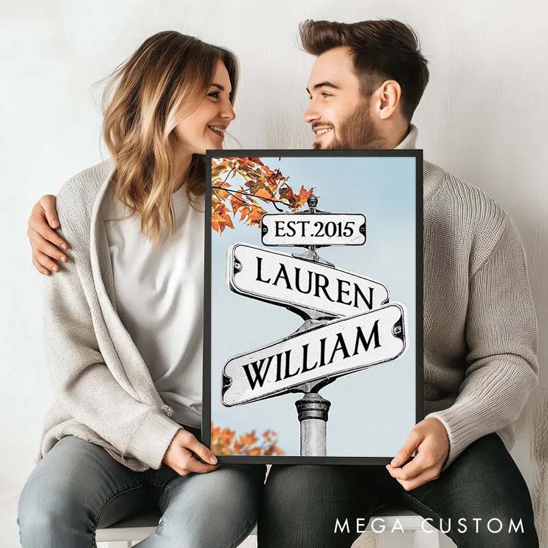 Personalized Anniversary Crossroads of Love Canvas Painting Love Story Journey Autumn Leaves Street Sign Couple Canvas Painting Gift for Couple