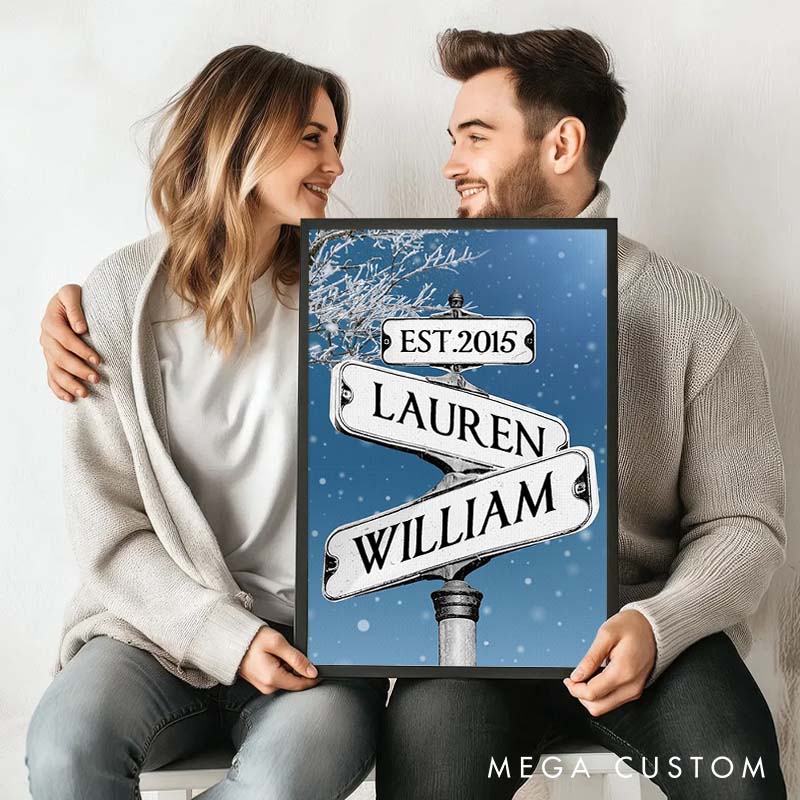 Personalized Anniversary Crossroads of Love Canvas Painting Couple Winter Love Story Street Sign Canvas Painting Gift for Couple