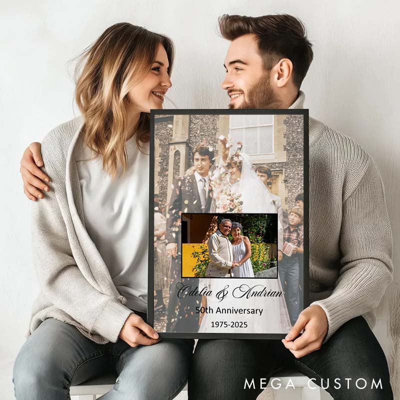 Personalized Couple Golden Memories Canvas Painting 50th Anniversary Painting with Photo Husband Wife Anniversary Canvas Painting