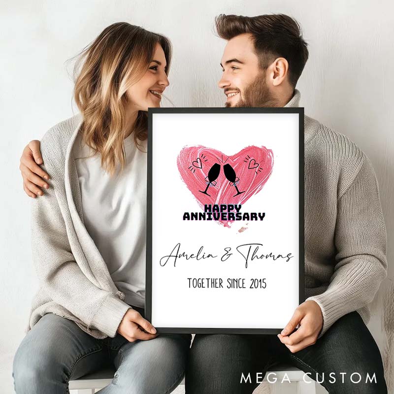 Personalized Couple 20th Anniversary Canvas Painting Romantic Pink Heart Cheers Champagne Painting Couple Anniversary Gift Canvas Painting
