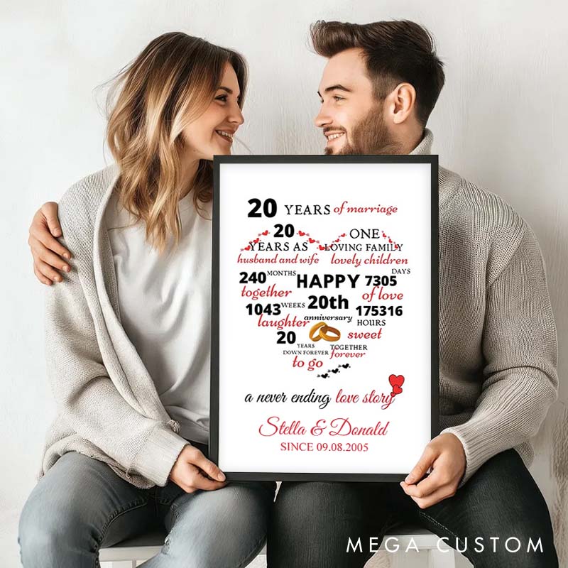 Personalized 20 Years of Love Heart Canvas Painting Couple Never-Ending Story Painting Wedding Anniversary Canvas Painting for Husband Wife