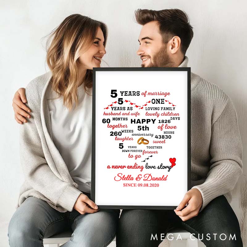 Personalized 5 Years of Love Heart Canvas Painting Couple Never-Ending Story Painting Timeless Anniversary Canvas Painting for Husband Wife