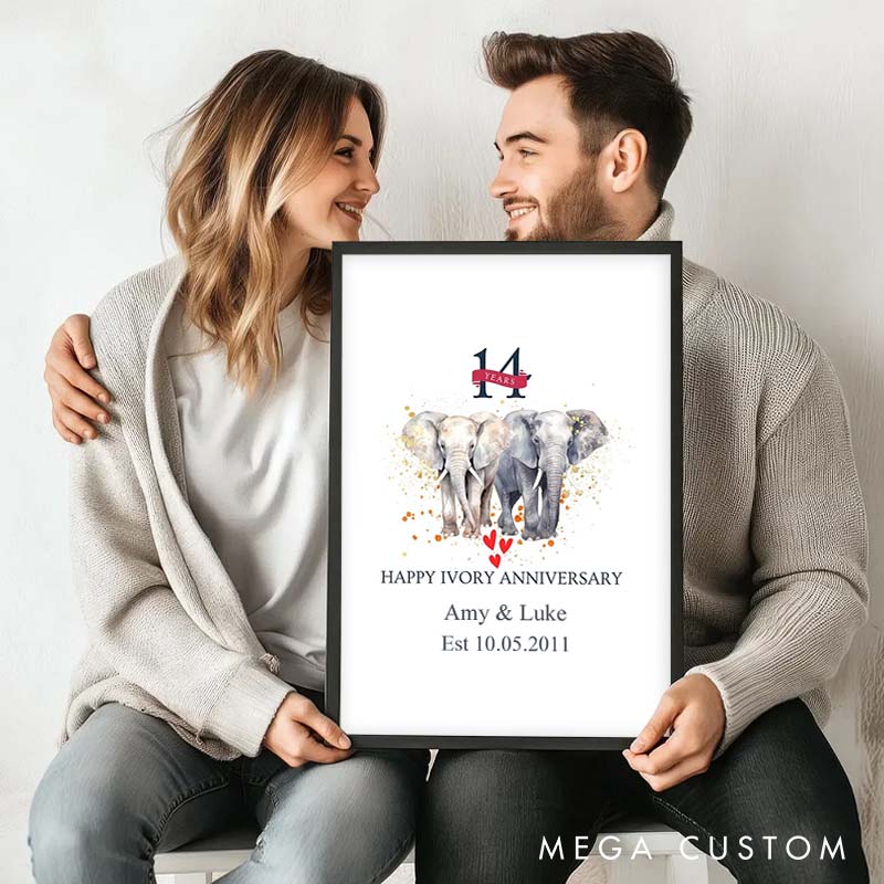 Personalized Happy Ivory Anniversary Painting Celebrating Couple 14 Years of Love Canvas Painting 14th Anniversary Gift for Husband Wife