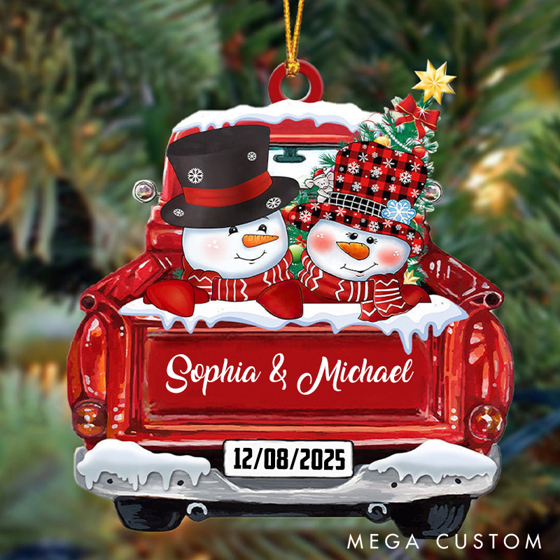 Personalized Snowman Couple Ornament Acrylic Snowman Red Truck Christmas Ornaments Gift for Couple Christmas Truck Ornament