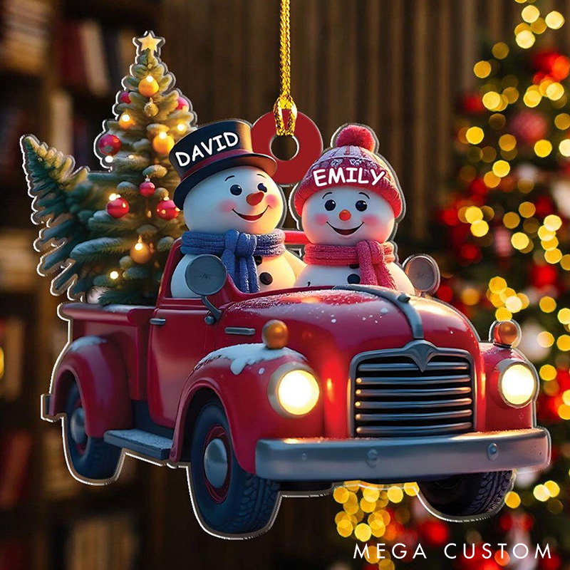 Personalized Snowman Christmas Ornament Acrylic Red Truck Christmas Ornament Snowman Couple Ornament Custom Name Ornament