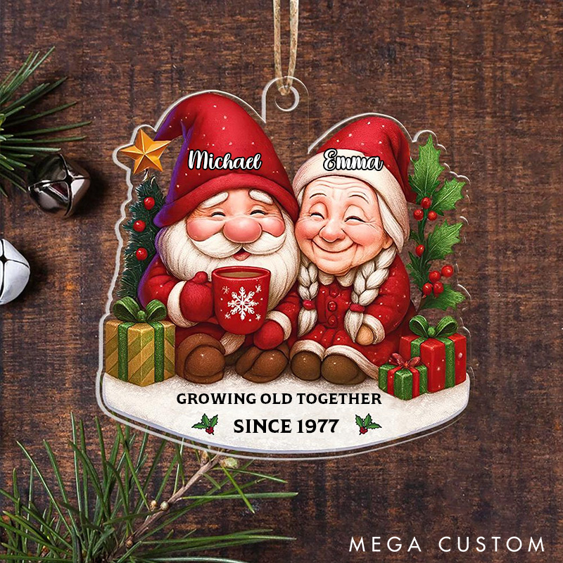 Personalized Couple Gnome Christmas Ornament Acrylic Growing Old Together Since Year Anniversary for Husband Wife Xmas Keepsake