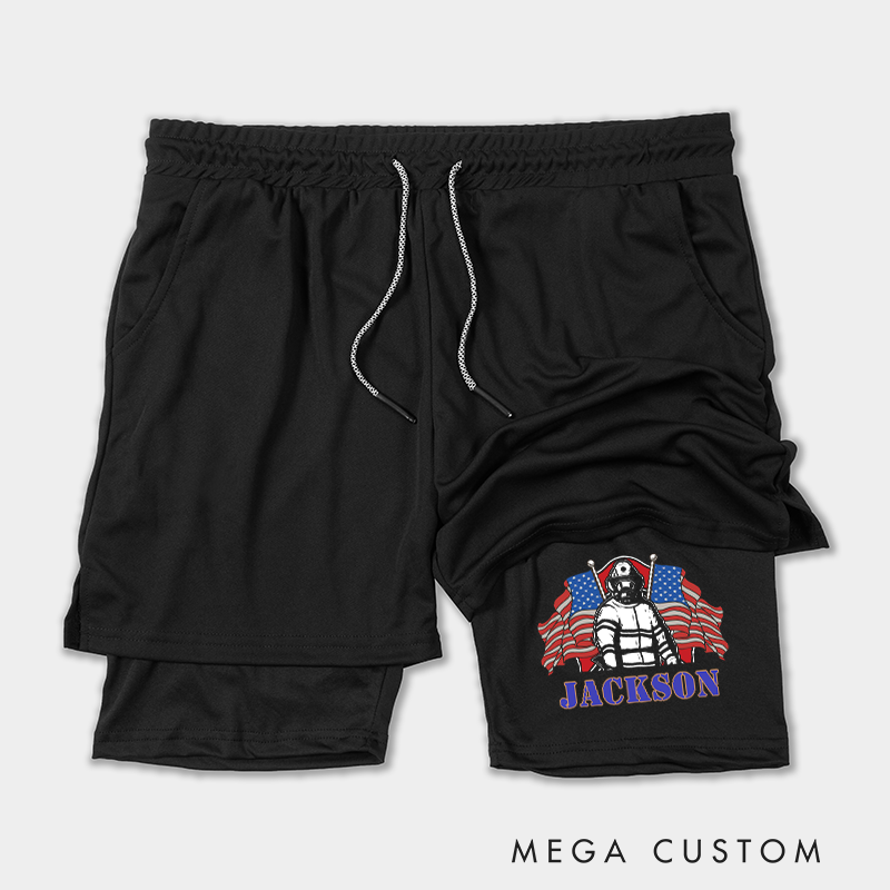 Personalized Firefighter 2 in 1 Hybrid Sport Shorts with American Flag and Firefighter Design Gift for Firefighter